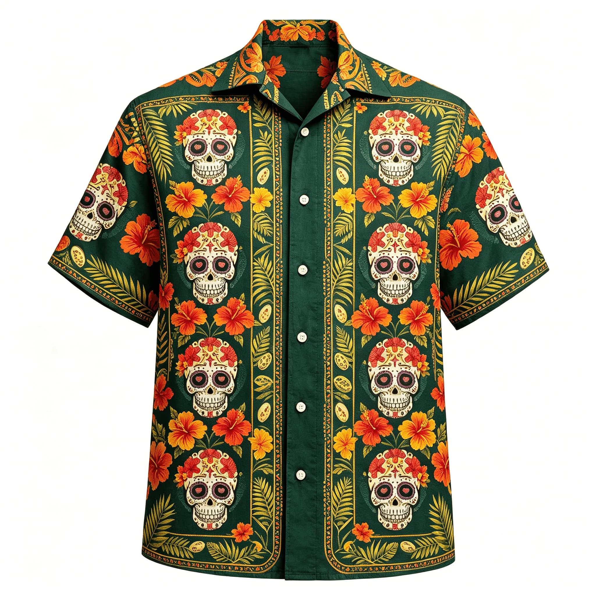 Camicia Hawaiana da Uomo con Stampa Teschio di Zucchero, Motivo Floreale Ibisco, Casual Estiva da Spiaggia con Bottoni