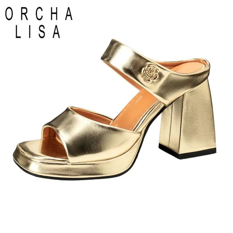 ORCHA LISA Silver Women Sandals Square Toe 9cm Chunky Heel Slip On Mules Flower Plus Size 43 44 45 46 Sexy Daily Shoes Footwear