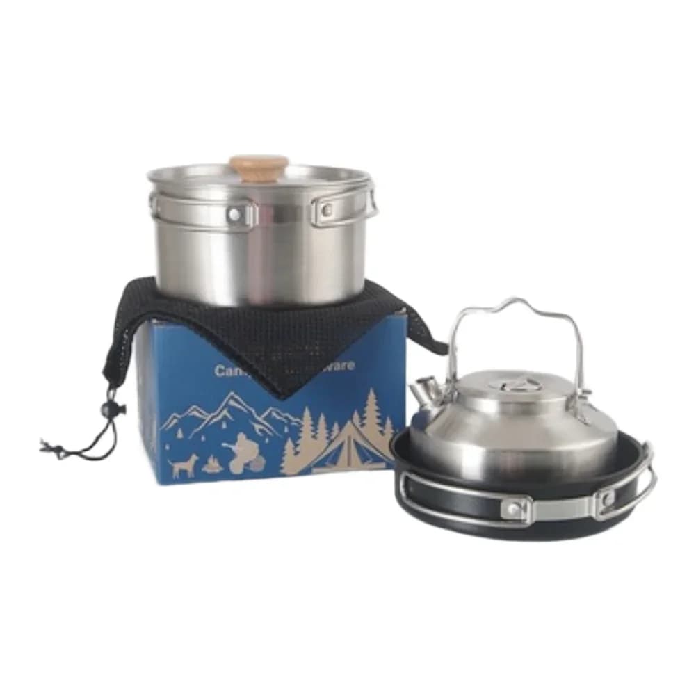 Stainless Steel Pots Set 3 Pieces for Camping Includes Pot, pan and kettle with Foldable Handles