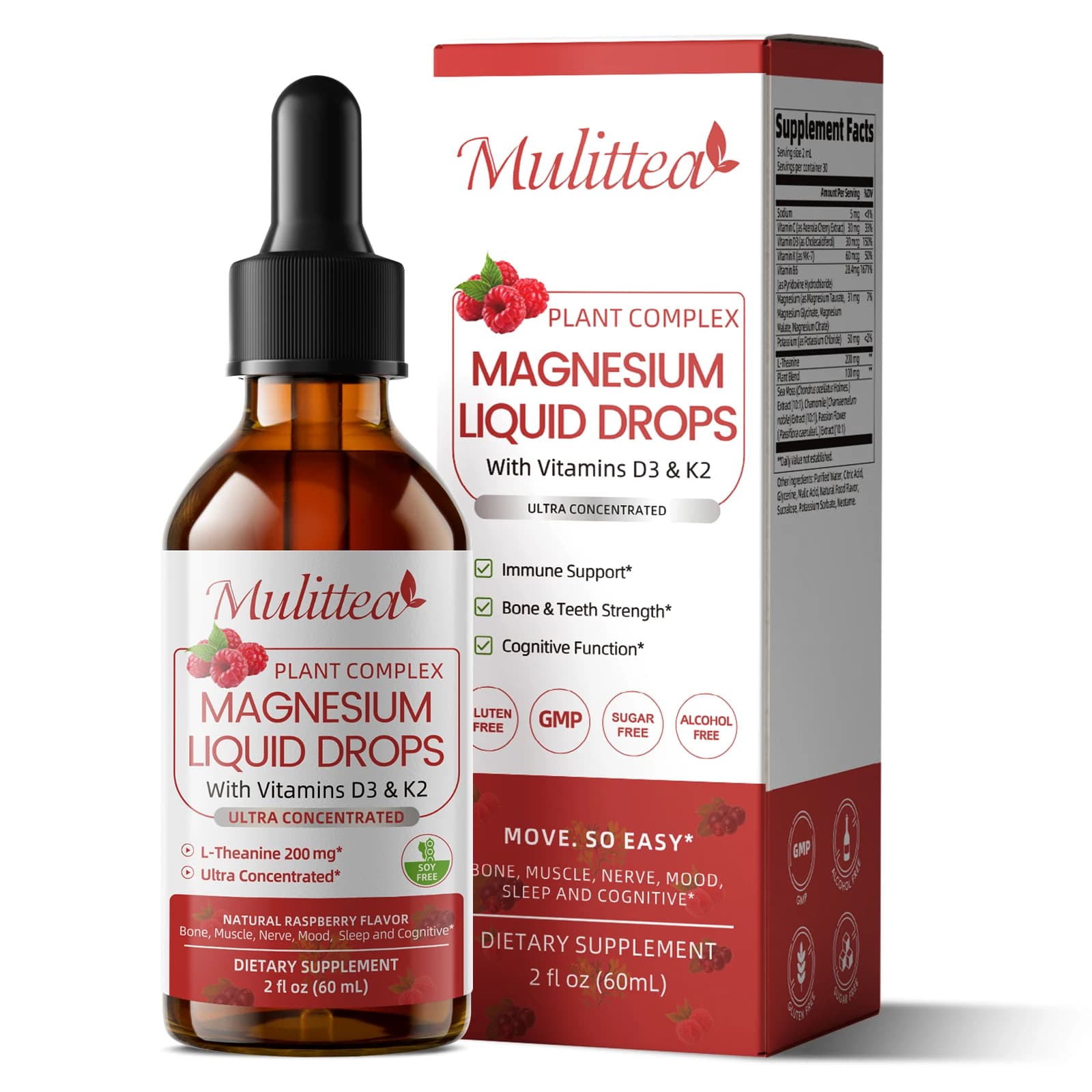 Mulittea Magnesium Glycinate 500mg Liquid Drops Magnesium Vitamins Complex Promotes Nerv,Relaxation,Muscle,Sleep Support,60 ml