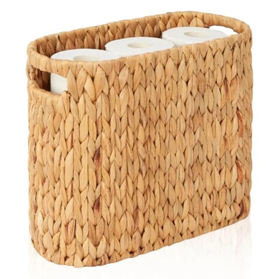 Wicker Toilet Paper Storage Basket with Buit-in Handles Natural Water Hyacinth Toilet Paper Holder Stand with Storage Freestand