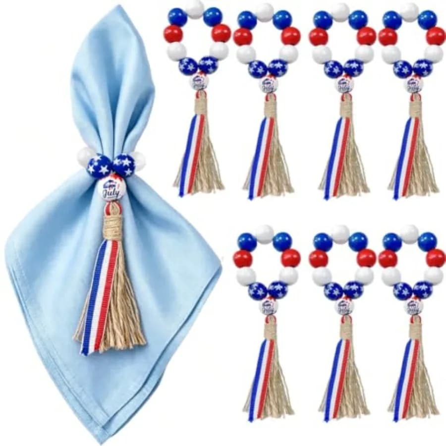 4th of July Wooden Bead Napkin Rings, Patriotic Red White Blue Tassel Napkin Holders with Star Beads July Tag, Independence Day