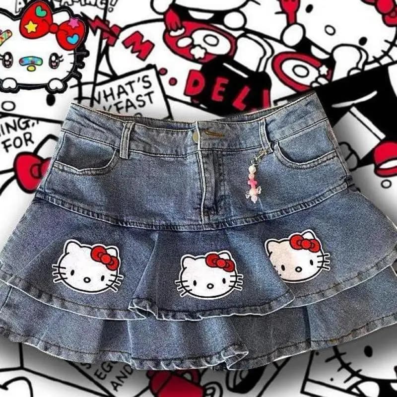 Sanrios Hello Kittys Kawaii Anime Ragazza carina Y2K Millennium Hot Girl Denim Gonna corta Moda A-Line Torta moda Mezza gonna