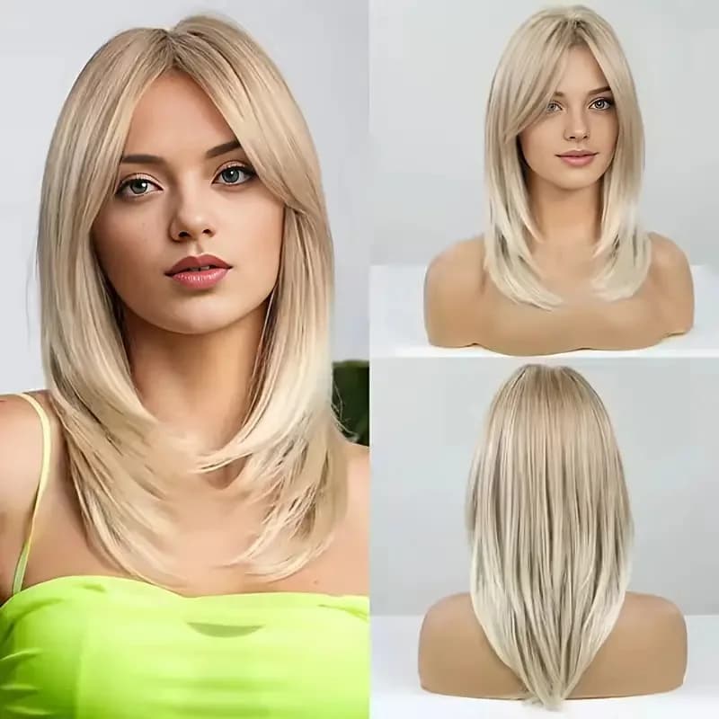 Trendy European & American Ombre Middle Long Straight Wig for Women, Curtain Bangs Full Head Hairpiece, Natural Looking