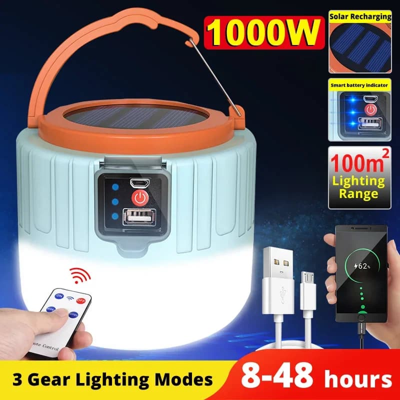 1000W solare LED campeggio luce impermeabile USB ricaricabile per tenda da esterno lampada lanterne portatili luci di emergenza BBQ escursionismo