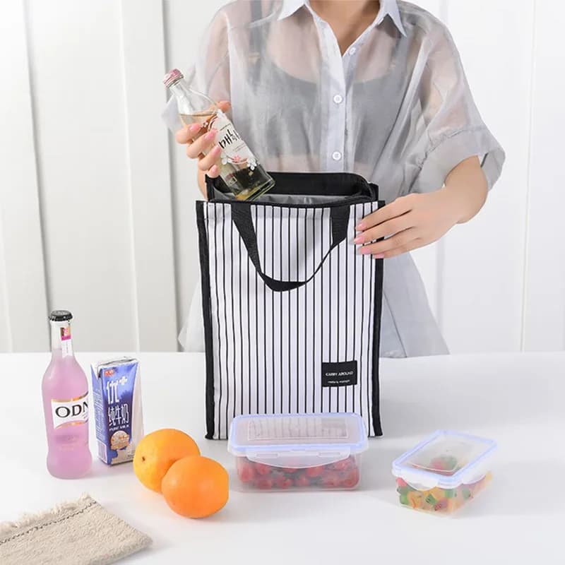 1 pz borsa per il pranzo in tessuto Oxford scatola per il pranzo lavoratore porta pasti borsa termica strisce bianche e nere borsa termica per picnic borsa per il pranzo