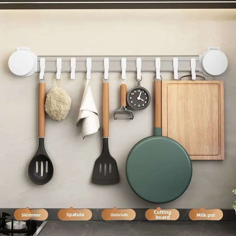 Supporto da cucina a ventosa con ganci, porta cucchiai e padelle, senza foratura, multifunzionale, asta appendioggetti, organizer da bagno