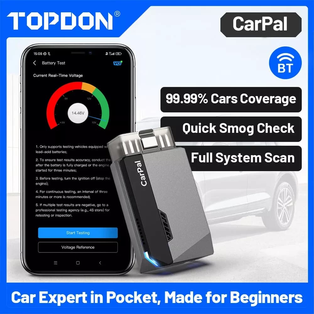 TOPDON Carpal OBD2 Scanner per auto Strumento diagnostico per tutti i sistemi Controllo della salute del veicolo Controllo dello smog Controllo della batteria IOS Android BT 5.0