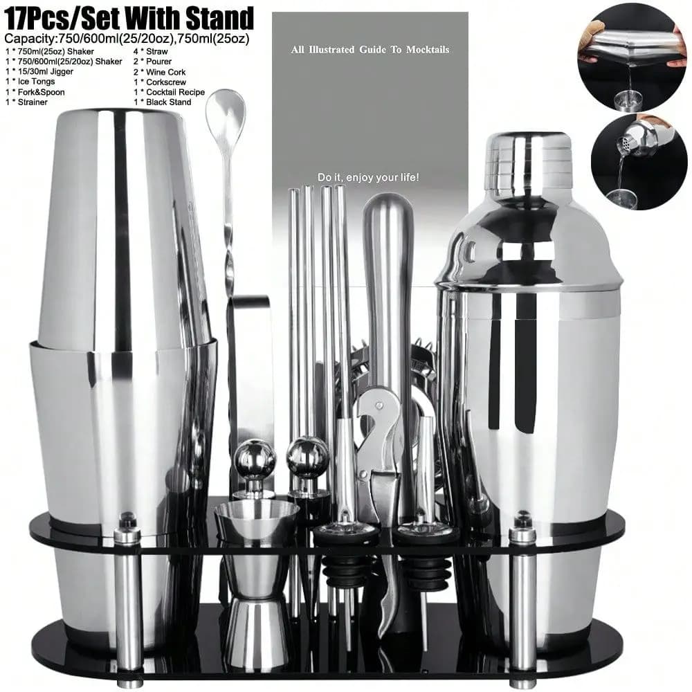 17Pcs Cocktail Shaker Set 750ml(25oz), 750/600ml(25/20oz) Bartending Kit Bar Shakers Tools Bartender Kit With Cocktail R