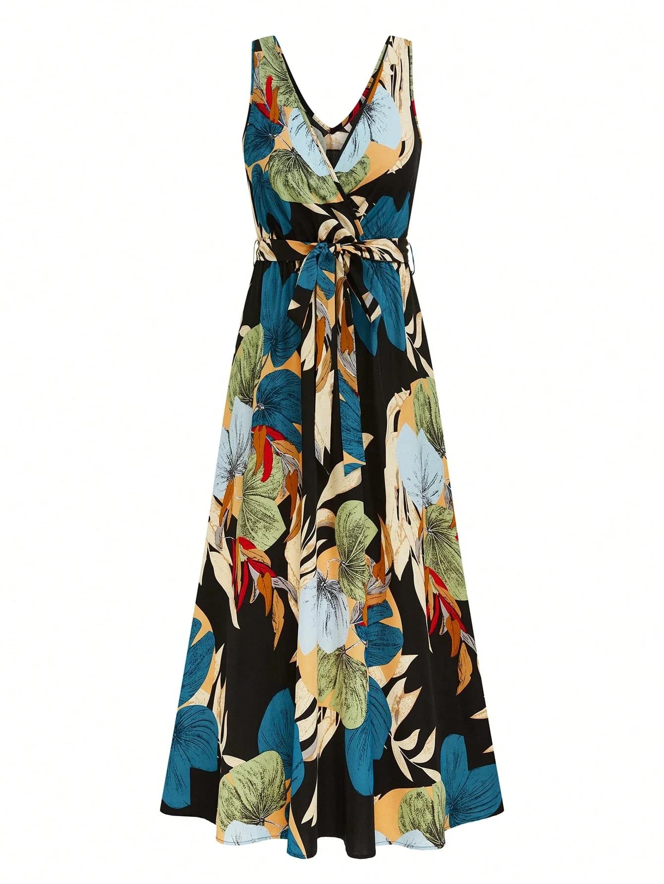 Abito lungo casual da resort con scollo a V, senza maniche, con cintura, linea ad A e stampa floreale per donna