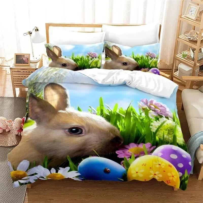 Set di Biancheria da Letto con Coniglietto Cartoon, Copripiumino Stampato, Lenzuola e Federe, Set Completo per Letto Matrimoniale, Queen o King Size