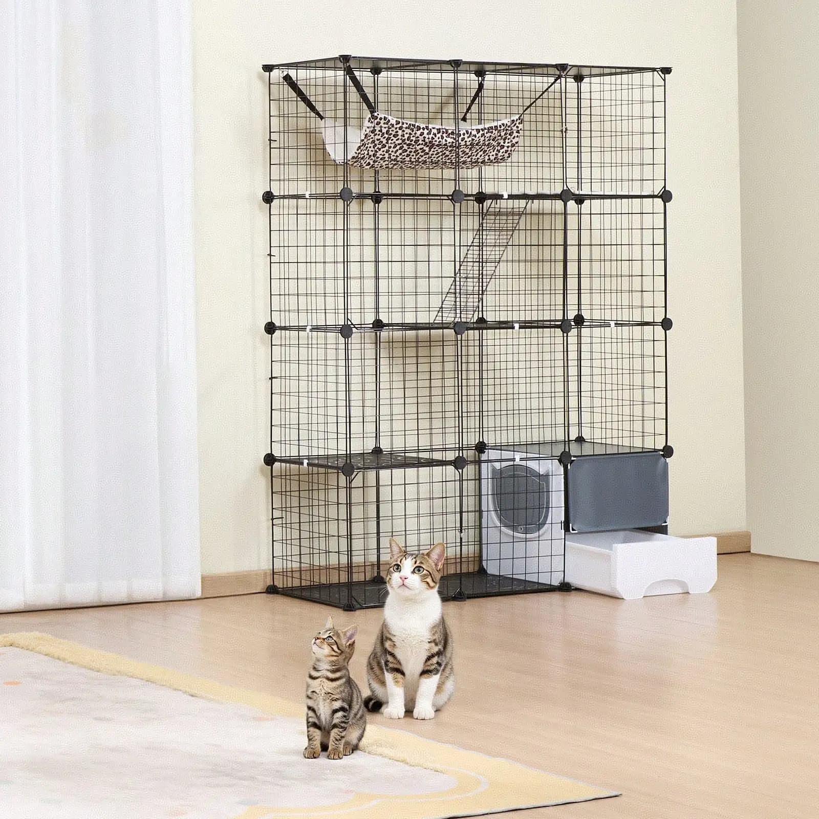 Large 4-Tier Cat Cage, 41 X 14 X 55", Detachable Metal Wire Cat Enclosure, With Litter Box Hammock Ramp Ladders, Indoor & Outdoor Crate Exercise Place Ideal For Kitty, Small Animals, Black