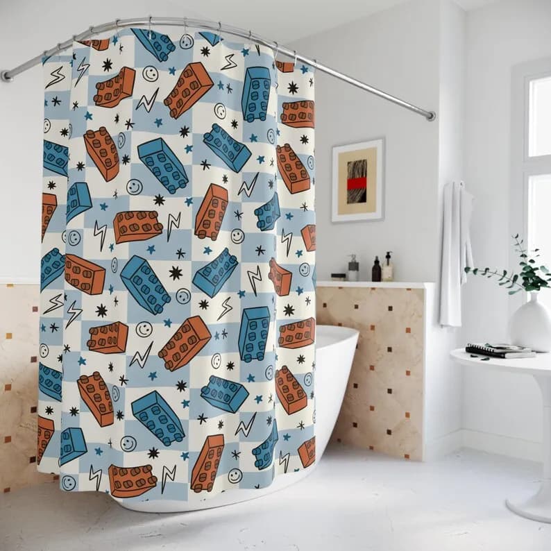 Tenda da doccia personalizzata con stampa a blocchi per ragazzi - Decorazione da bagno per bambini a quadretti e regalo personalizzato