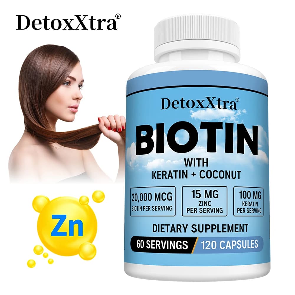 Biotin 20.000 Mcg - with keratin, coconut and zinc - Promotes hair growth for men and women, 120 vegetarian capsules