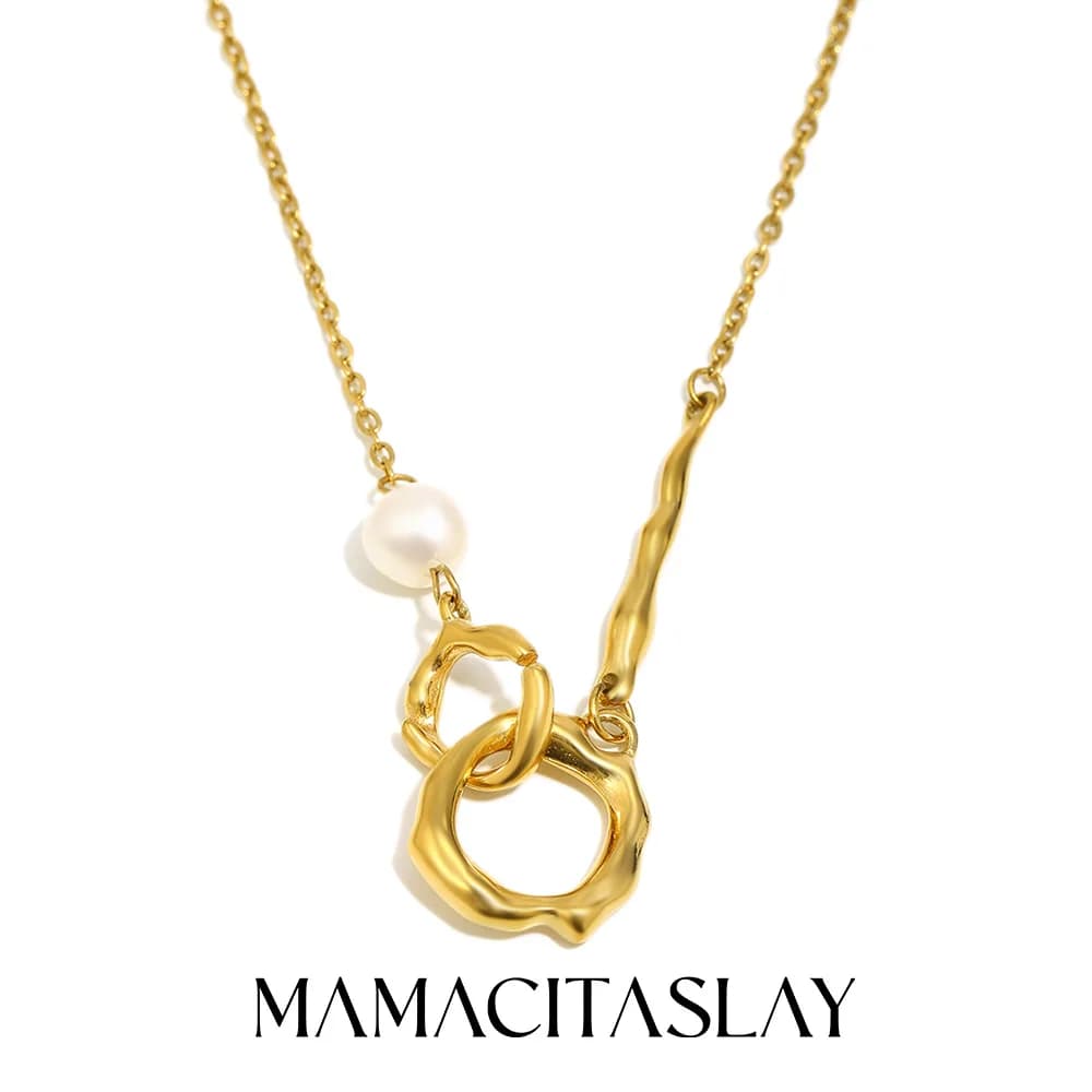 MamacitaSlay Asymmetrical necklace with 316L stainless steel pearls, 18K gold plated, waterproof, women's neck jewel, to wear everyday, gift idea