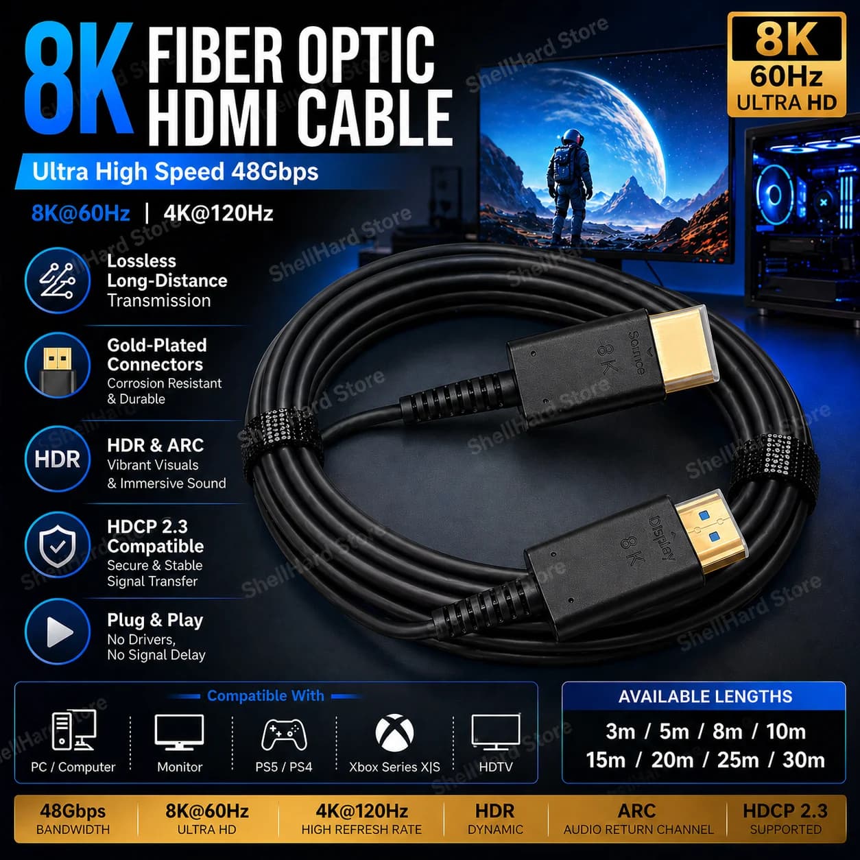 Fiber Optic HDMI cable 8K 60Hz High speed 48Gbps Gold Plated Plug HDR ARC HDCP2.3 3m 5m 8m 10m 15m 20m 25m 30m for HDTV XBOX PS5