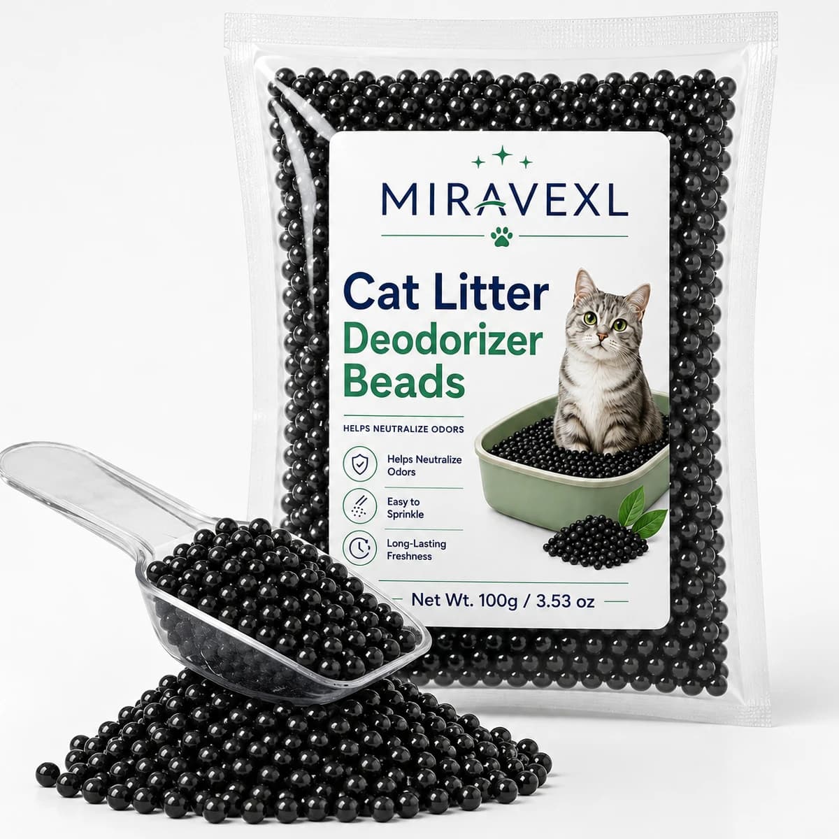 Cat Litter Deodorizer Beads, 100g Pouch, Unscented Odor Neutralizer for Litter Boxes, Low-Dust Long-Lasting Freshness