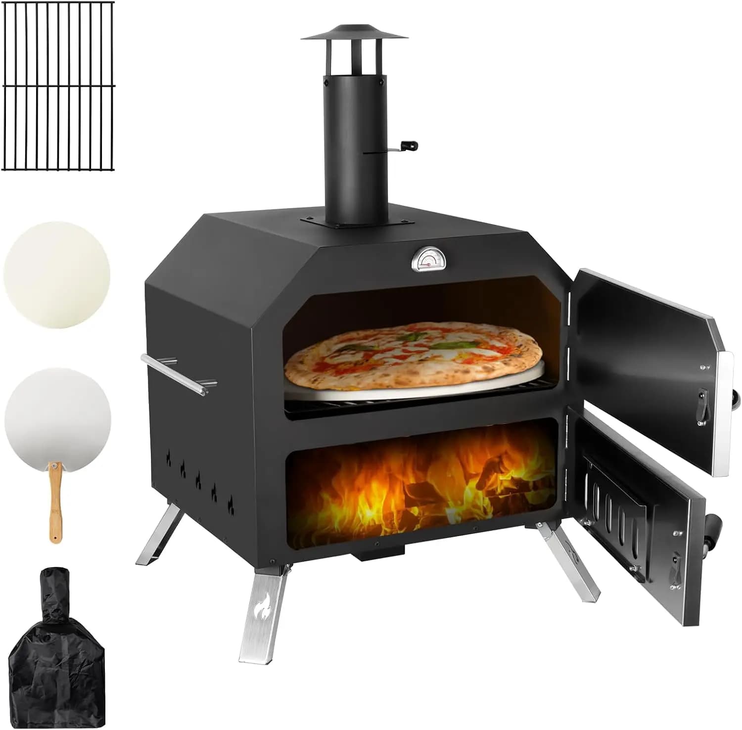 15’’ Outdoor Pizza Oven Wood Fired Oven Portable Patio Ovens Included Stone, Peel, Fold-up Legs, Cover Cooking