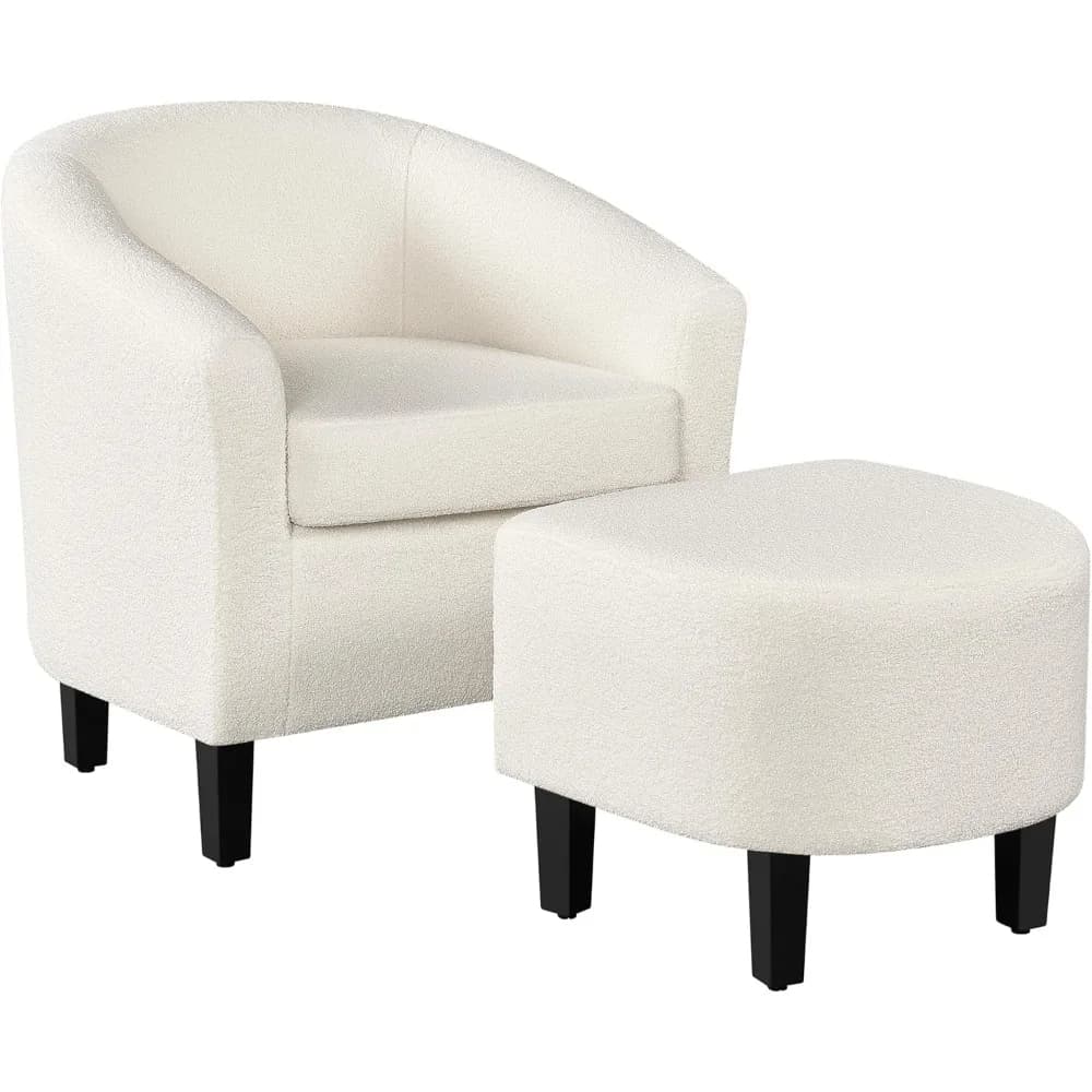 Sedia d'accento e set ottomano Sedia moderna a botte Sherpa sfocata con poggiapiedi Comoda poltrona Boucle e poggiapiedi per la vita