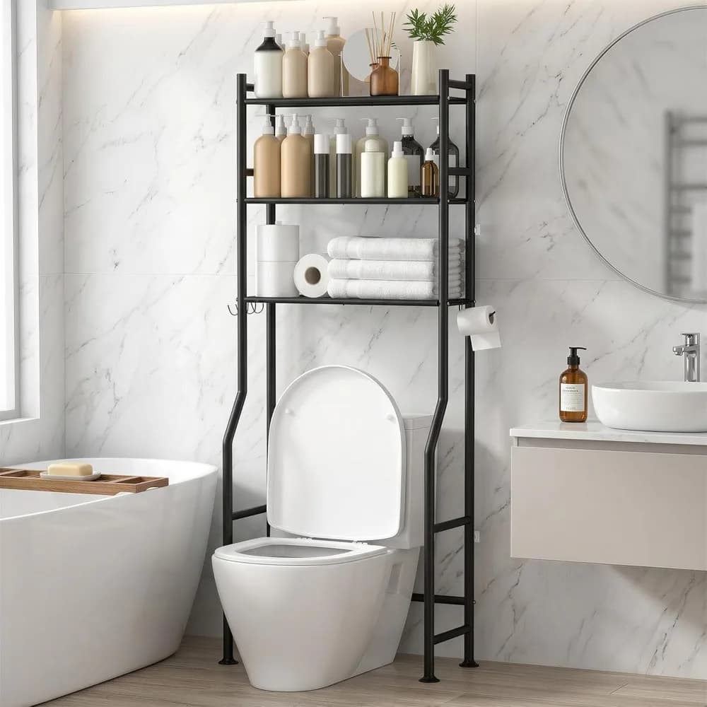 Scaffale metallico a 3 livelli da posizionare sopra il WC, 68 kg, anti-ribaltamento, 163 cm di altezza, con porta carta igienica e ganci, organizer salvaspazio per il bagno, nero