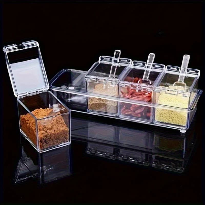 Scatola per condimenti trasparente da 1 pezzo, set di 4 contenitori per condimenti con cucchiaio Vasi per spezie trasparenti per condimenti per spezie al pepe