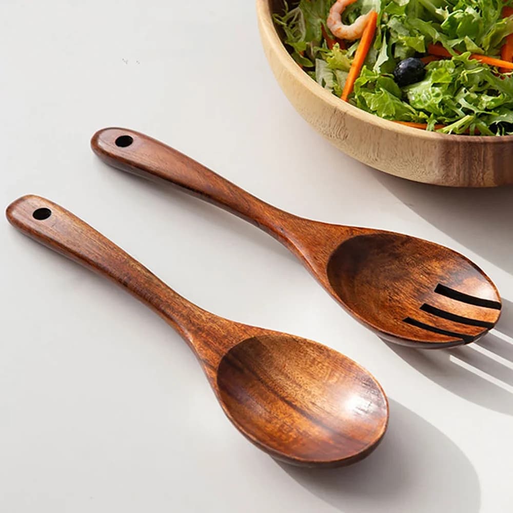 Set of wooden cutlery 2 pieces, spoon and large fork, Japanese style, with long handle, to serve salad, tableware, kitchen utensils