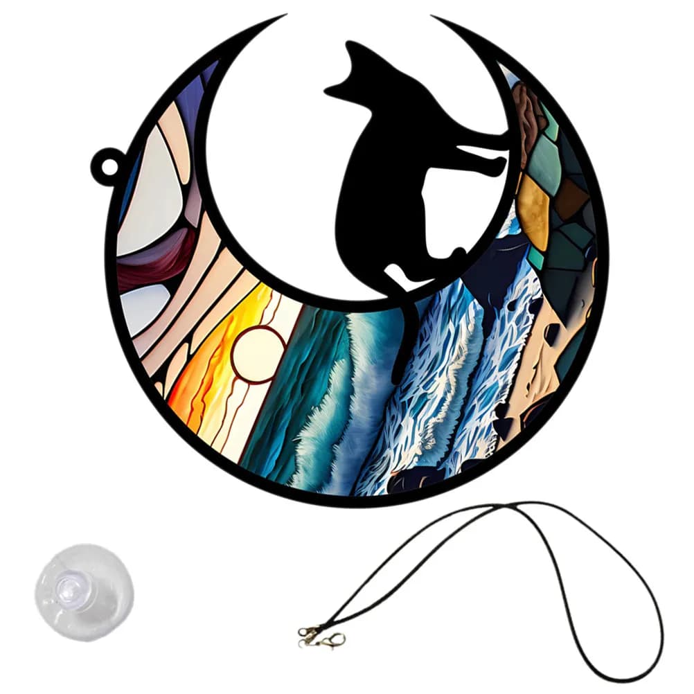 Beckoning Wealth Cat Ornaments Tree and Moon Wall Art Pendant Hanging Decorations for Home Decorative Animal The Outdoor
