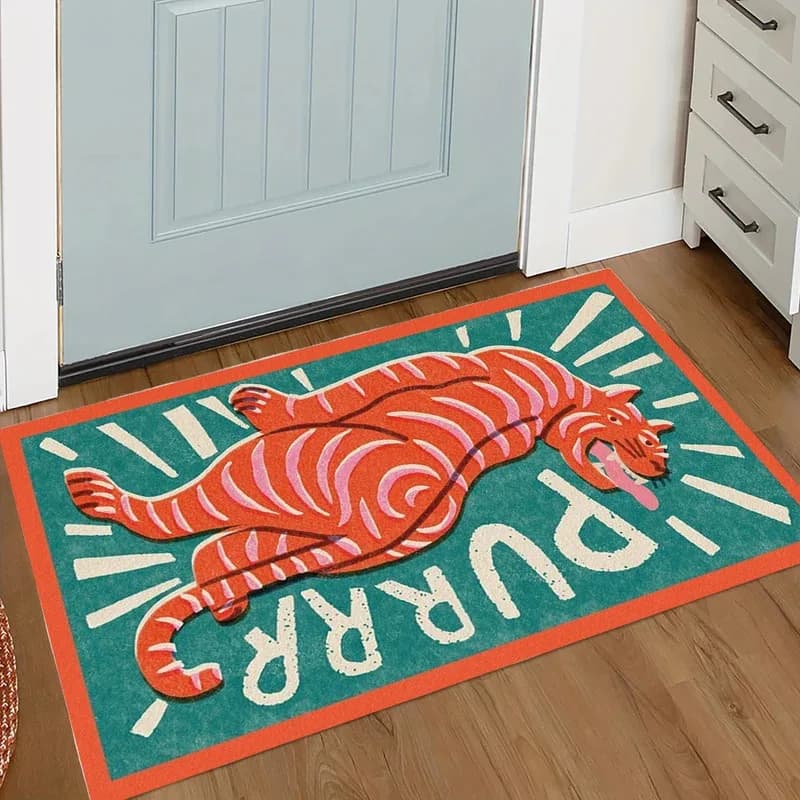 VIKAMA Funny American style carpet with tiger print, tiger head of cartoons with tongue out, for living room, entrance, bedroom, zerbino