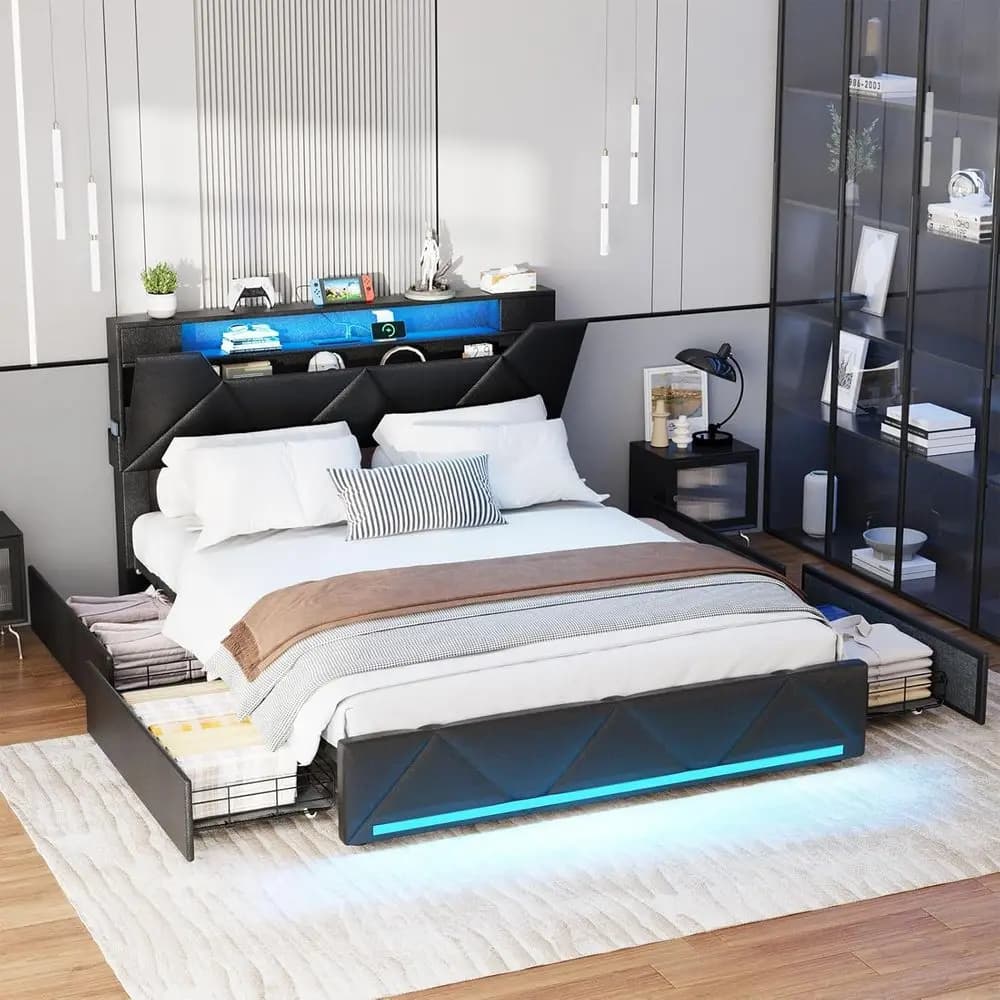 Letto matrimoniale con contenitore, piattaforma imbottita, stazione di ricarica, luci LED, testiera regolabile in pelle PU, non richiede rete a molle