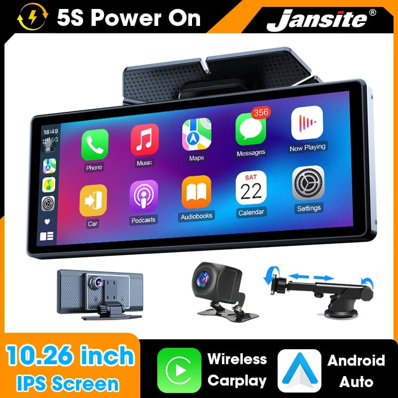 Jansite Schermo Portatile Universale da 10.26 Pollici per Auto con Carplay, Android Auto, Dashcam, Navigazione GPS, Bluetooth 5.0, Supporto Scheda SD