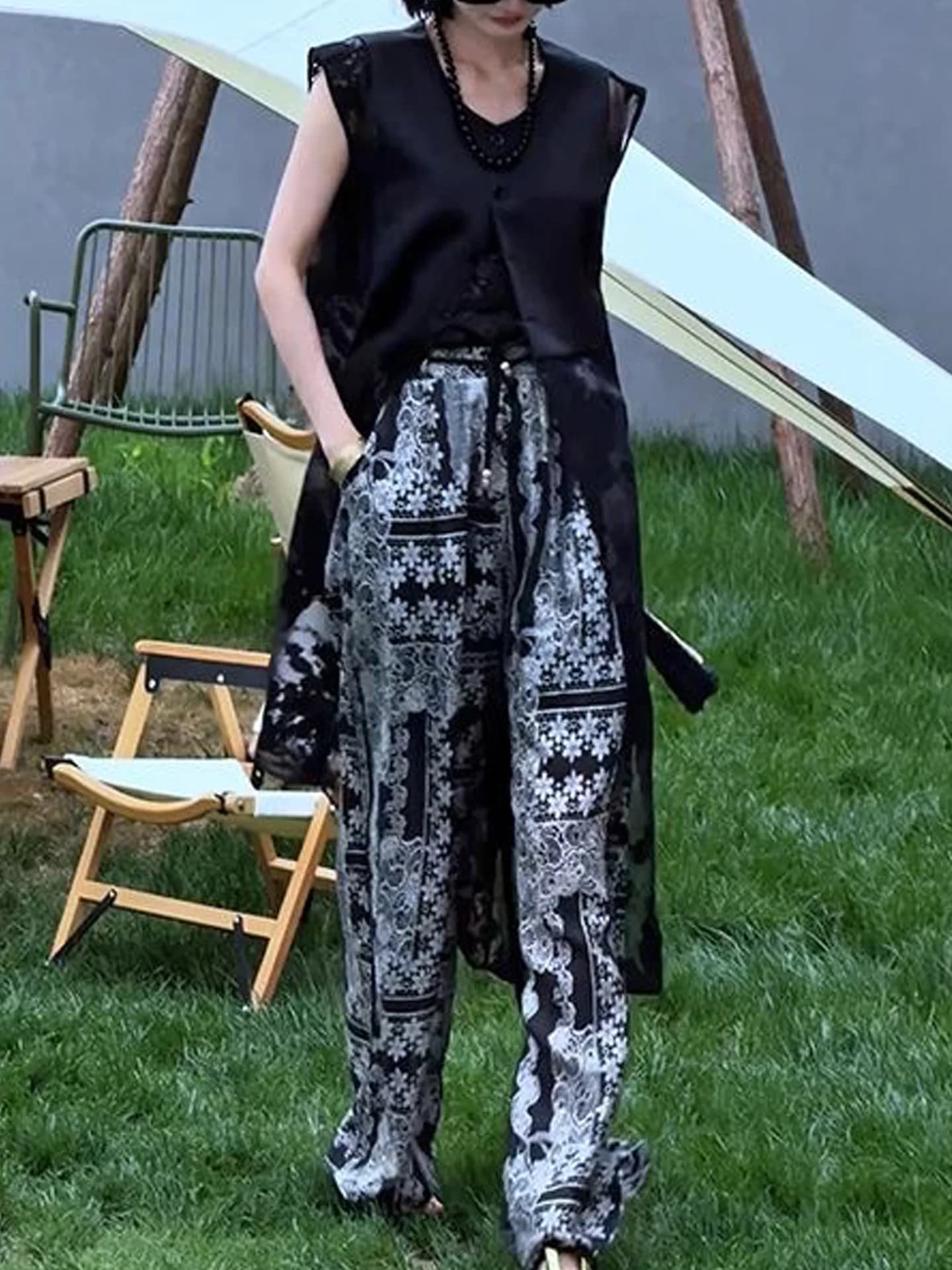 Chinese Style Mid-Length Lace Splice Vest Dress Set Women's Summer New Print Long Pants High Waist Cool Feeling Sleeveless Dress