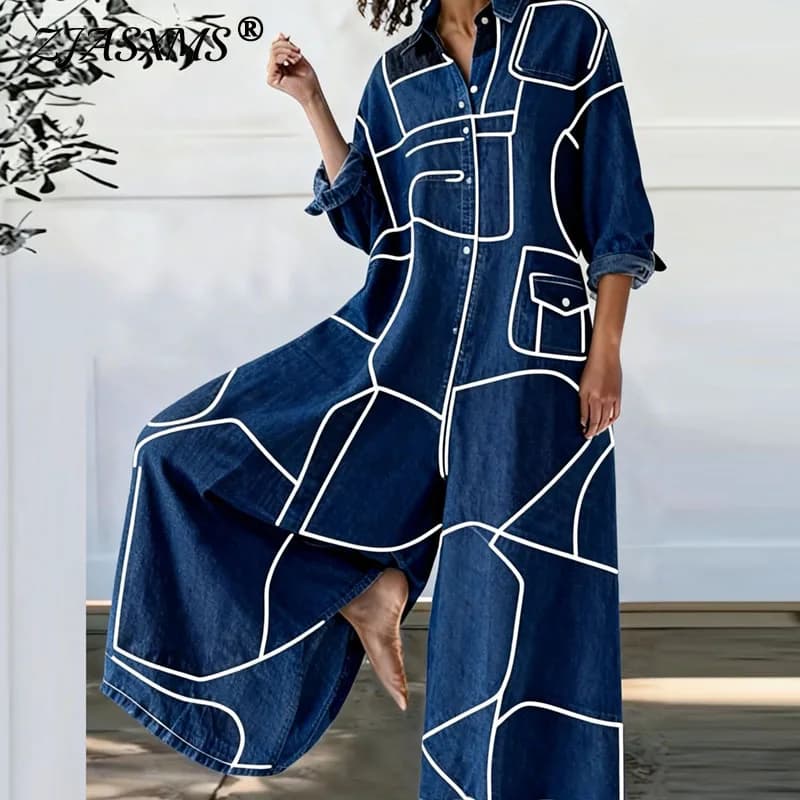 Tuta da Donna con Stampa Effetto Denim, Colletto a Camicia, Maniche Lunghe, Gamba Larga, Stile Casual Streetwear