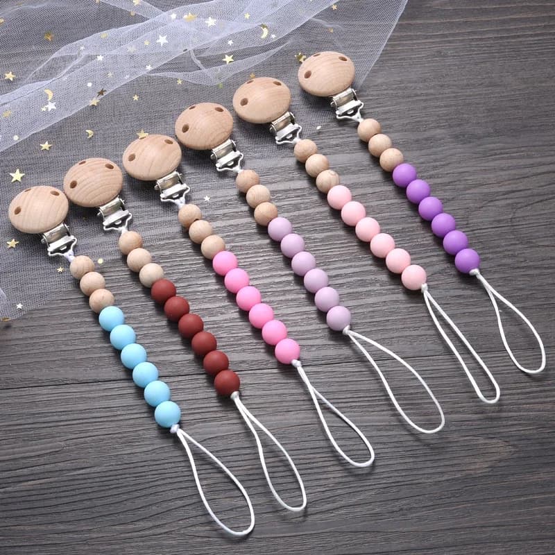 Catenella Portaciuccio in Legno di Faggio con Perline in Silicone, Clip per Ciuccio, Giocattoli da Dentizione per Neonati, Regali