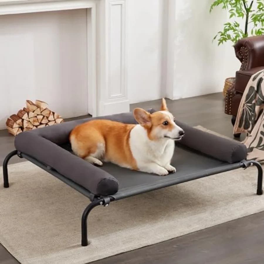 Cuccia rialzata rinfrescante per cani con cuscini, lettino portatile e lavabile per cani con rete anti-morso e telaio in metallo, base antiscivolo in gomma