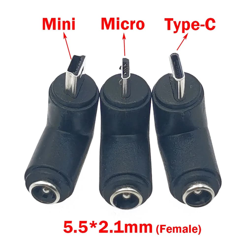 1pc DC 5V 5.5x2.1mm Female Jack Type-C Micro Mini USB Plug Male 90 Degrees DC Plug Power Connector Adapter