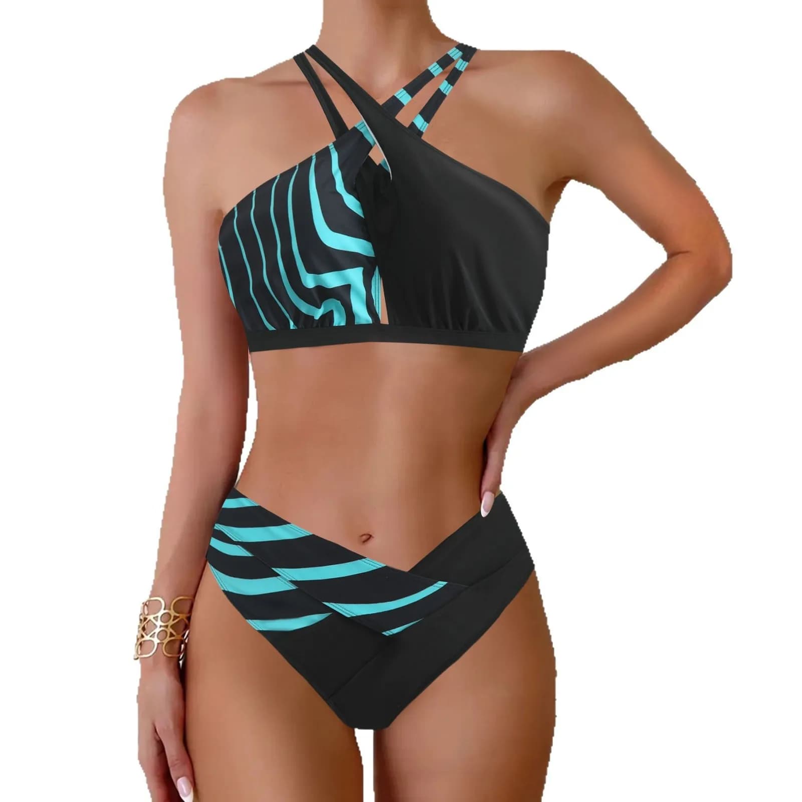 Costume da bagno bikini a triangolo con allacciatura al collo e schiena incrociata, taglie forti da donna - Stile europeo americano, separabile