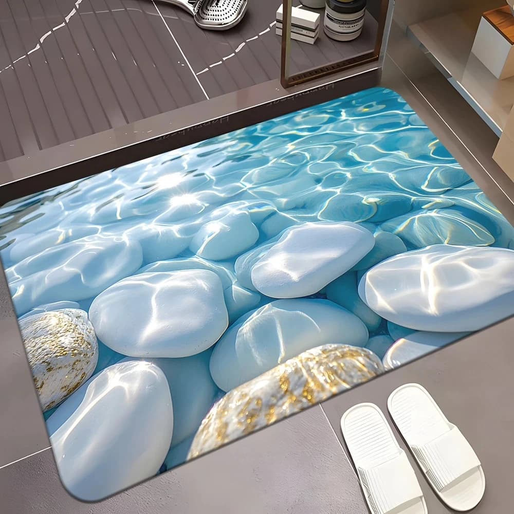 Clear Water Pebble Printed Bath Mat Quick Dry Entry Rug Realistic Ripple Stone Graphic For Washroom Decor Floor Cover