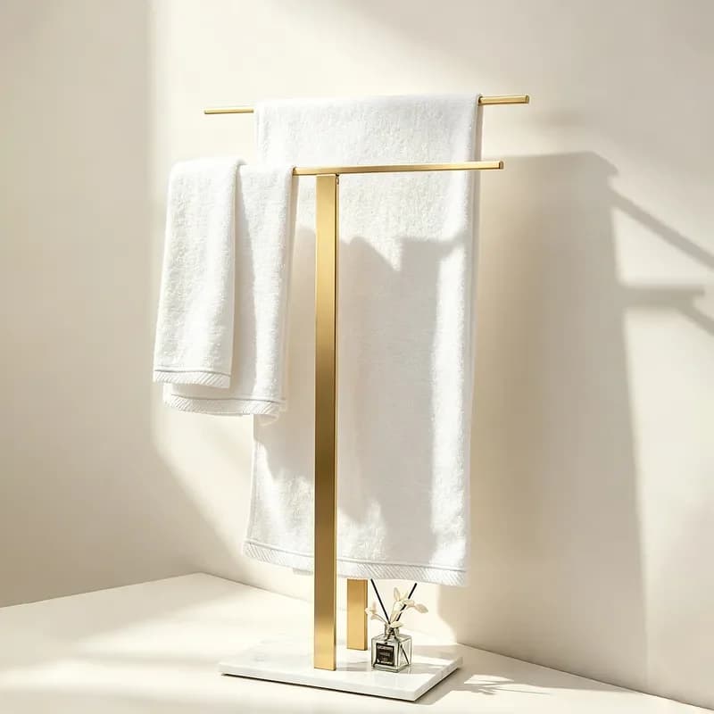 Luxury Brushed Gold Floor Towel Rack Double Pole Vertical Stand for Bathroom Bathtub Edge Marble Storage Bar Modern Home