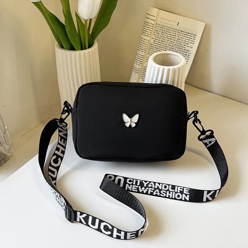 Borsa a tracolla in bianco e nero Borsa a tracolla in nylon farfalla durevole Borsa a tracolla con cintura larga Borsa quadrata piccola casual per donna