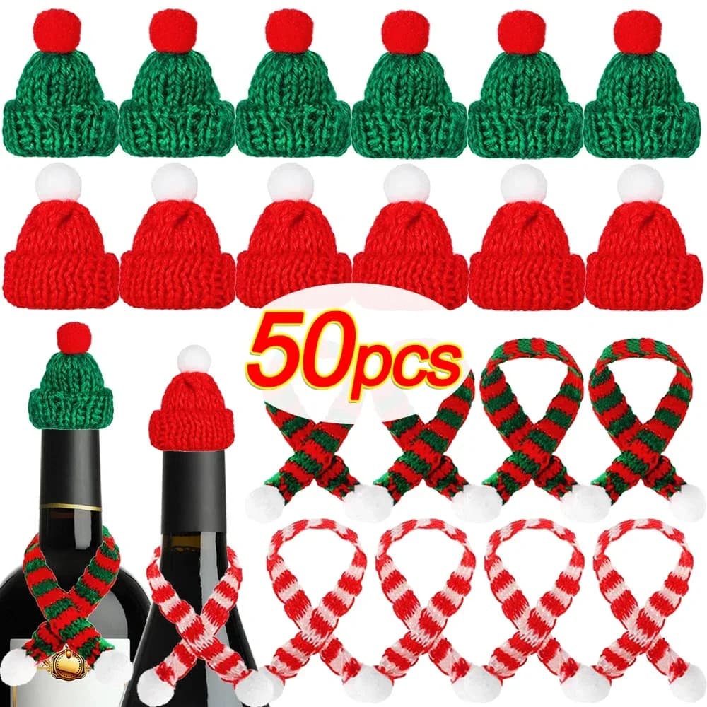 10/50 pezzi mini cappelli di lavoro a maglia di Natale piccolo berretto di maglia sciarpa coperchio di bottiglia artigianato fai da te pupazzo di neve cappello a cuffia decorazioni di Natale Capodanno