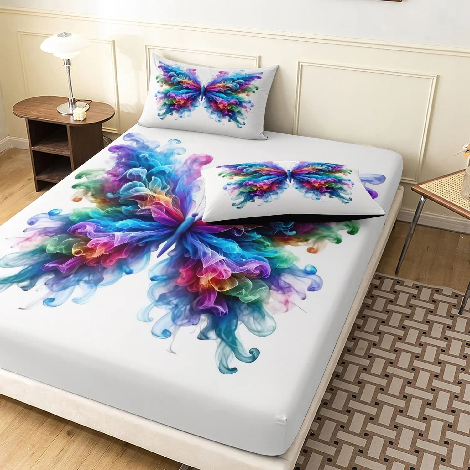 Set di lenzuola con stampa di farfalle colorate da 3 pezzi (1 lenzuolo + 2 copripiumini, senza cuscini), adatto per dormitorio familiare, hotel
