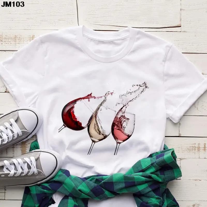 Maglietta da donna con stampa di bicchiere di vino di moda Maglietta divertente da donna T-shirt a maniche corte Estate Harajuku Lady Girl Abbigliamento femminile Top Tee