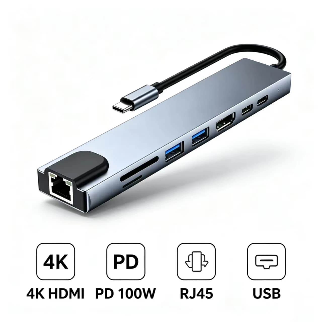 8‑in‑1 Type‑C Hub Docking Station,100Mbps RJ45 Ethernet,PD100W Charging,4K HDMI,USB2.0 USB3.0,SD TF Card Reader for Laptop Phone