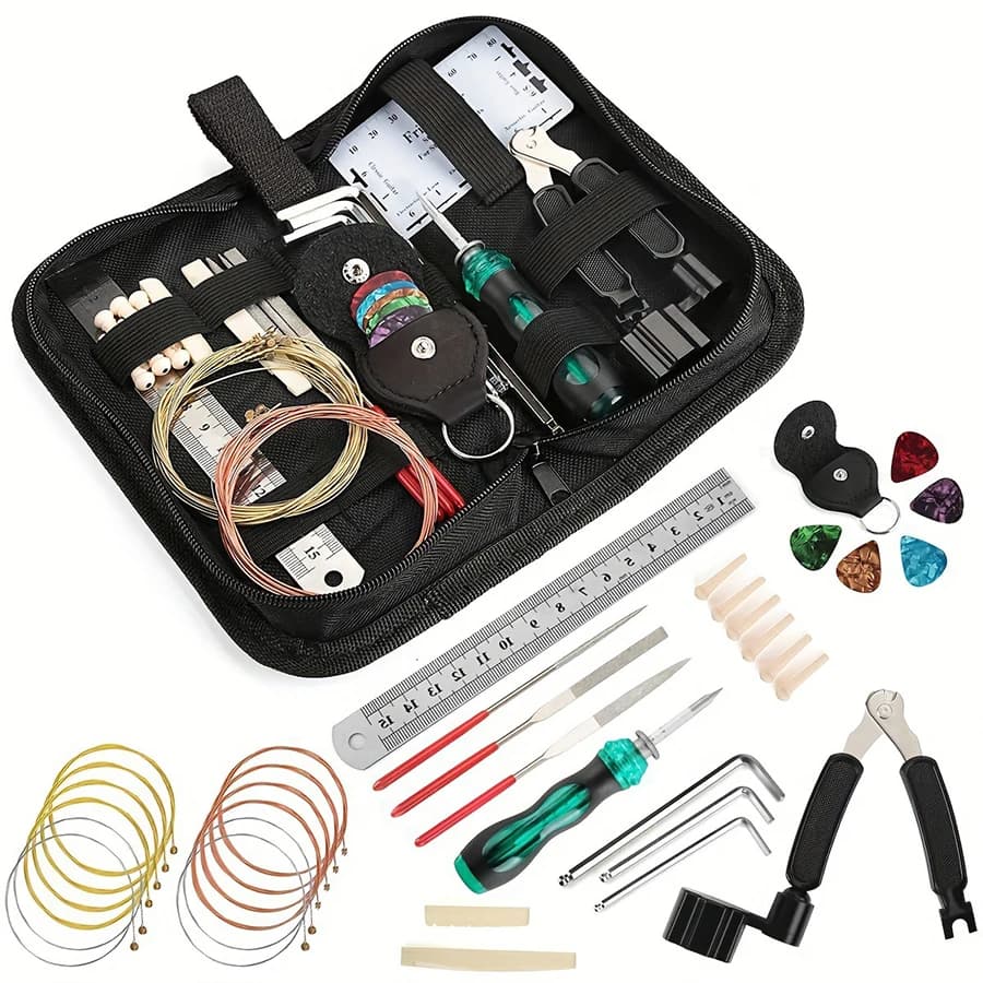 25/30 in 1 Kit di attrezzi per chitarra Set Cassetta degli attrezzi per riparazione chitarra multifunzionale Plettri Cassetta degli attrezzi di ricambio per parti di chitarra a corda