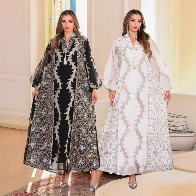 Women's Muslim Dress for Eid, Abaya with Beads, Embroidery on the Net, Moroccan Party Dress, Arab Caftano, Long Dress, Largos Dubai Dress 2026