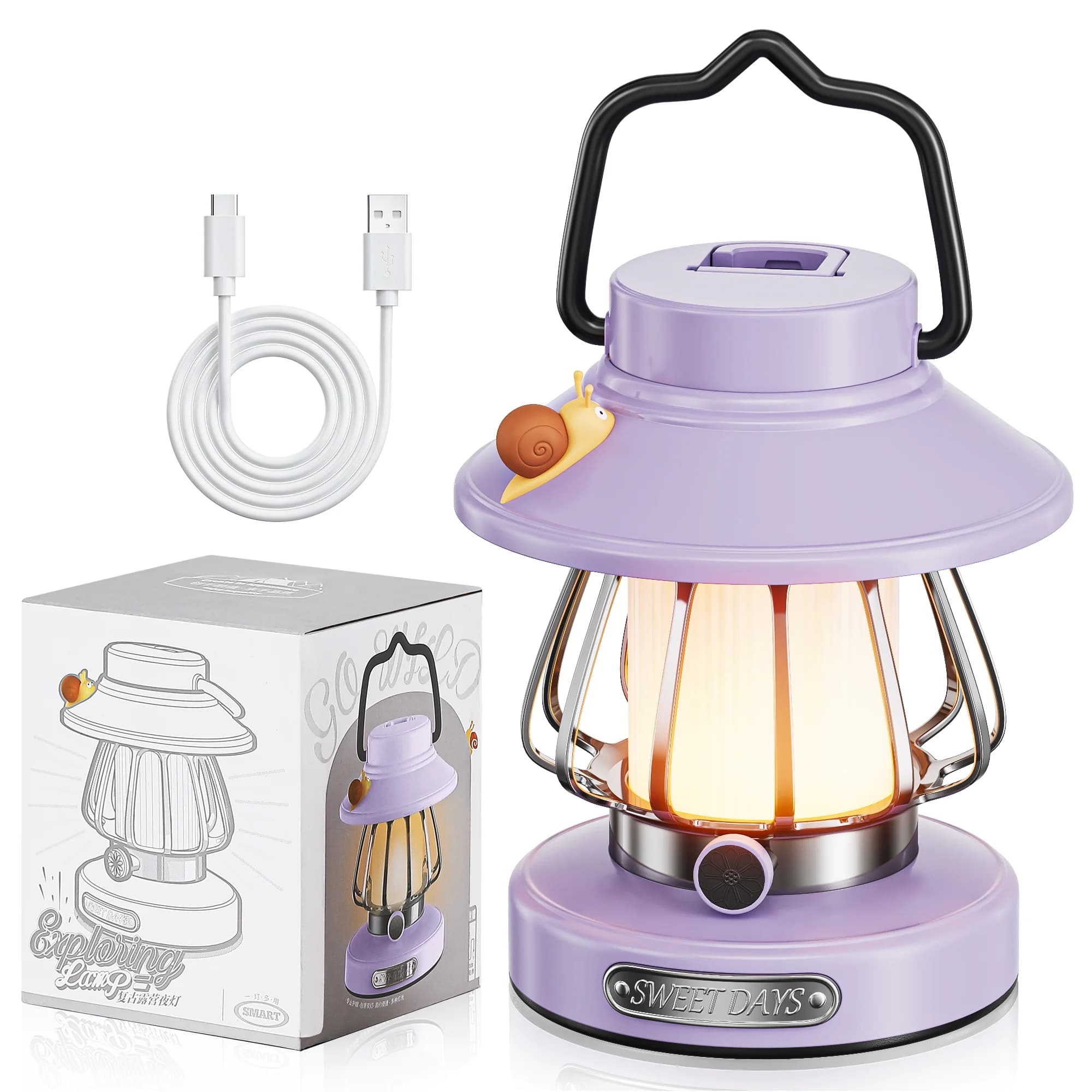 Lanterna da campeggio per bambini, luce di emergenza per bambini, luce notturna per bambini con design a lumaca - Ricaricabile USB-C, LED dimmerabile a 3 colori