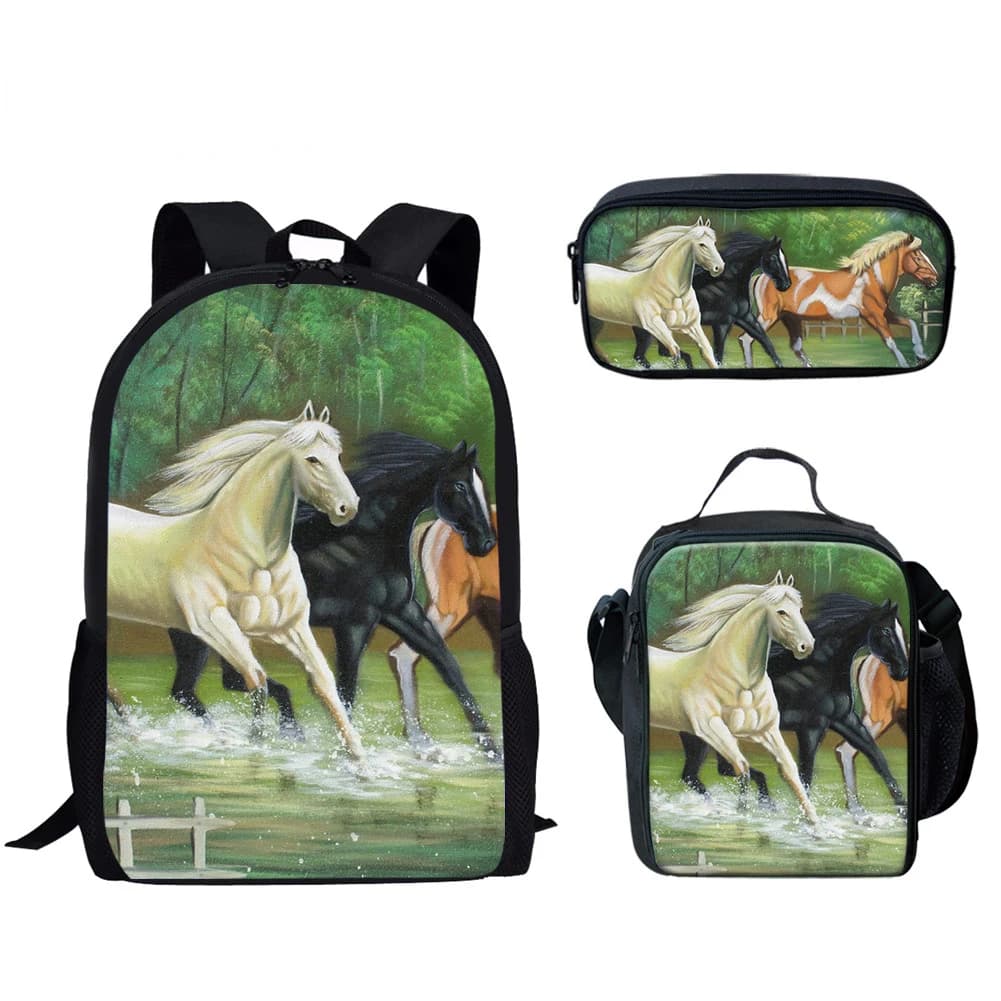 Classic Popular Funny Black White Horse 3D Print 3pcs/Set pupil School Bags Laptop Daypack Backpack Lunch bag Pencil Case