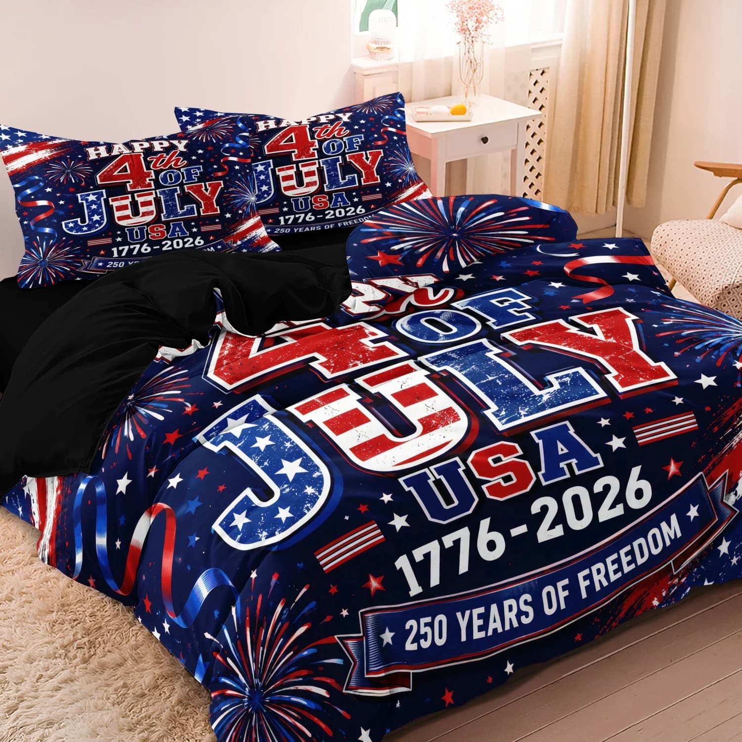 3 Pieces Vintage Distressed USA Duvet Cover Set, Red White Blue Firework Star Stripes Holiday Pattern Bedding