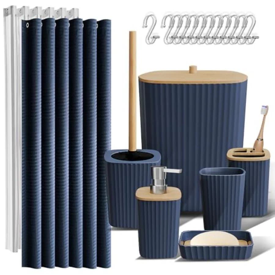 Set di Accessori per il Bagno - Set Completo con Tenda Doccia, Scopino per WC, Cestino e Dispenser Sapone - N