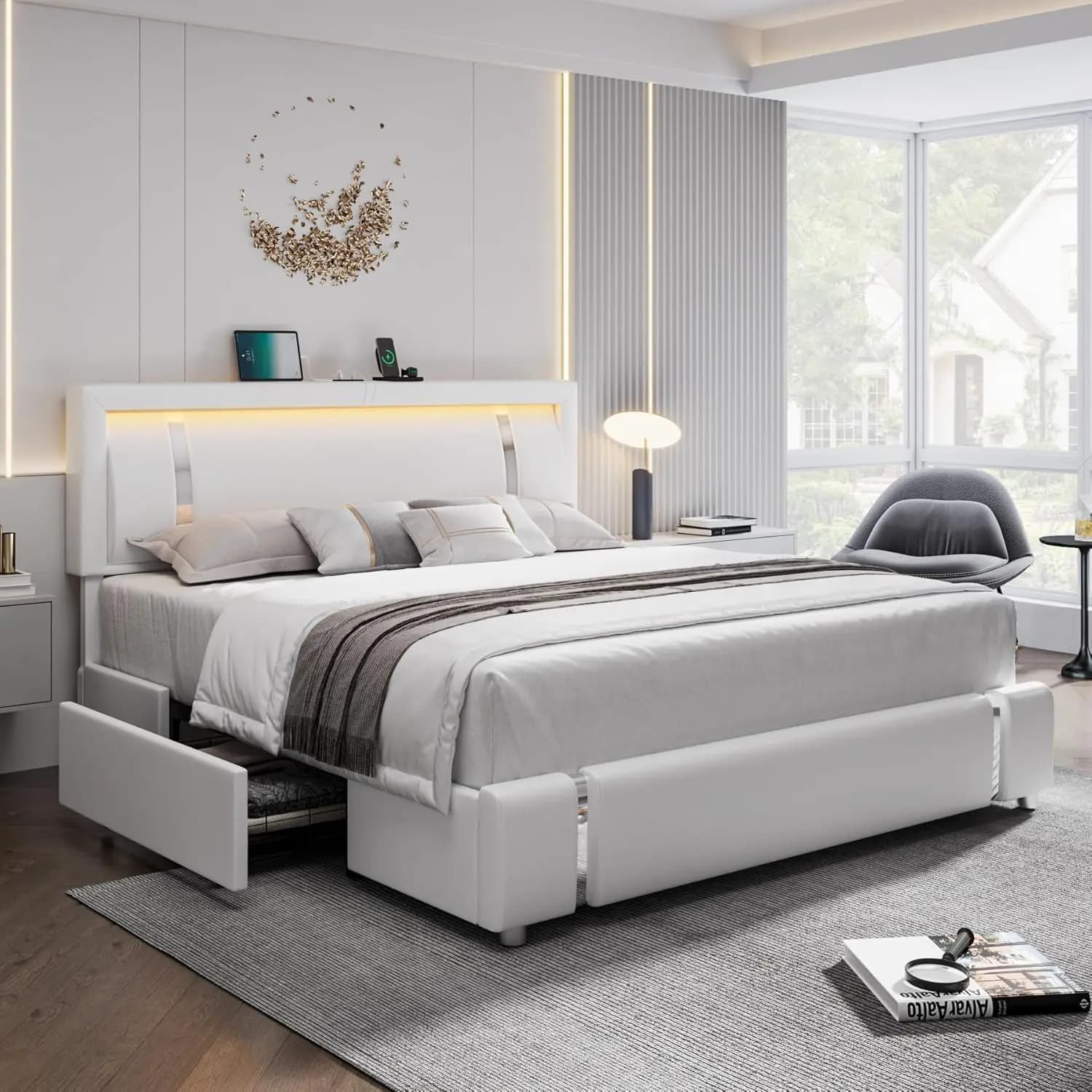 Moderno Letto Matrimoniale Bianco con Testiera LED RGB, Cassetti Contenitore, Porte USB e Decorazioni in Ferro